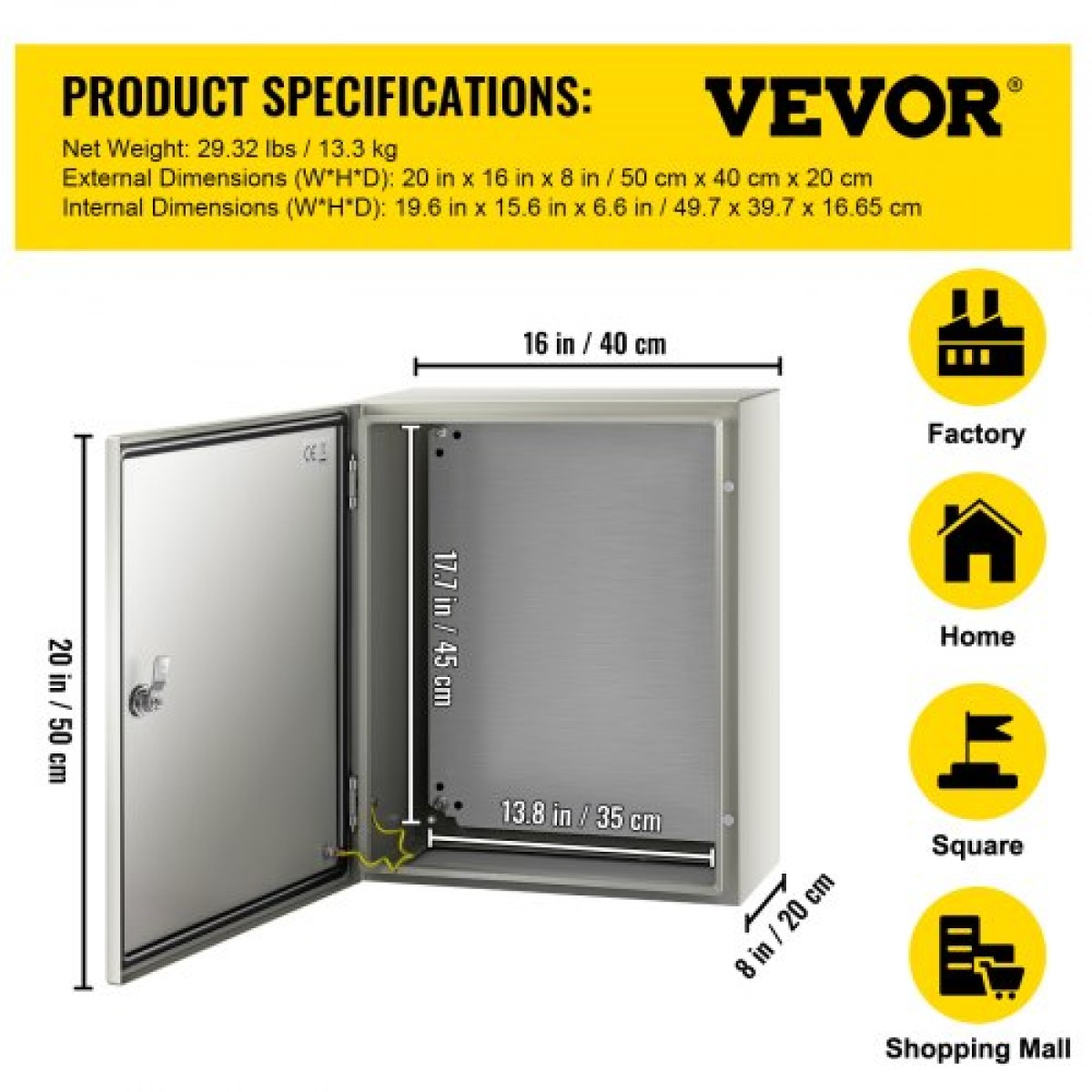 Ατσάλινο περίβλημα VEVOR NEMA, 50x40x20 cm NEMA 4X Steel Electrical Box, IP66 Waterproof & Dustproof, Ηλεκτρικό κουτί σύνδεσης εξωτερικού/εσωτερικού χώρου, με πλάκα τοποθέτησης