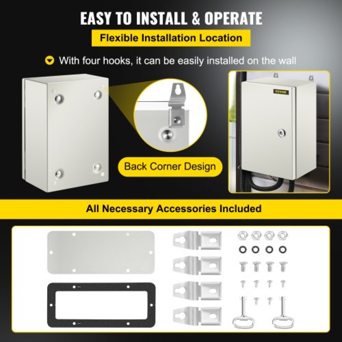 Ατσάλινο περίβλημα VEVOR NEMA, 30x20x15 cm NEMA 4X Steel Electrical Box, IP66 Waterproof & Dustproof, Ηλεκτρικό κουτί σύνδεσης εξωτερικού/εσωτερικού χώρου, με πλάκα τοποθέτησης