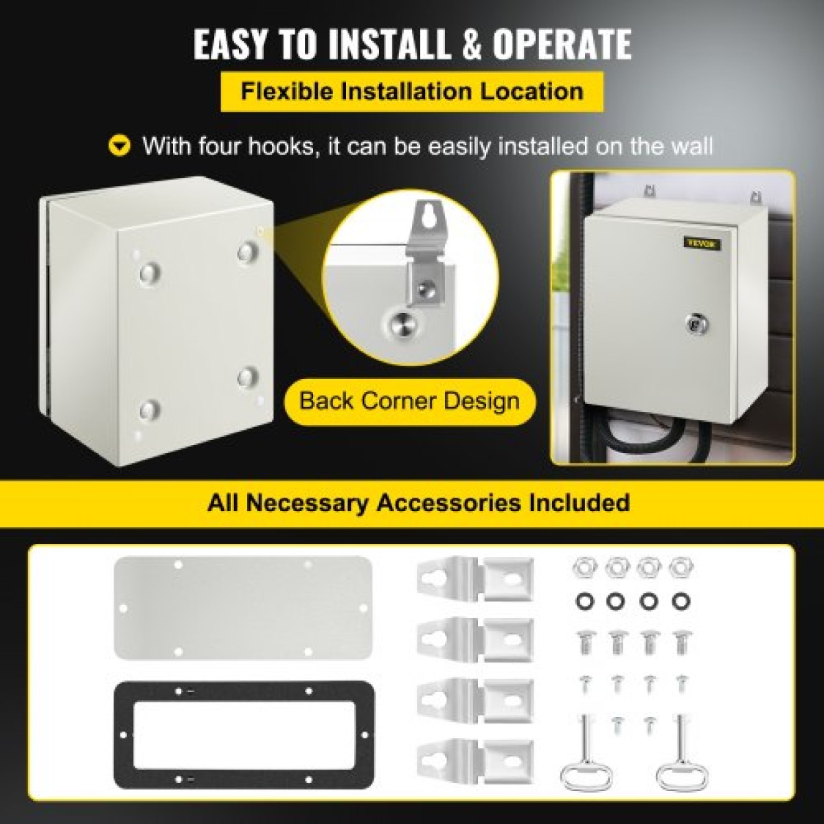Ατσάλινο περίβλημα VEVOR NEMA, 25x20x15 cm NEMA 4X Steel Electrical Box, IP66 Waterproof & Dustproof, Ηλεκτρικό κουτί σύνδεσης εξωτερικού/εσωτερικού χώρου, με πλάκα τοποθέτησης