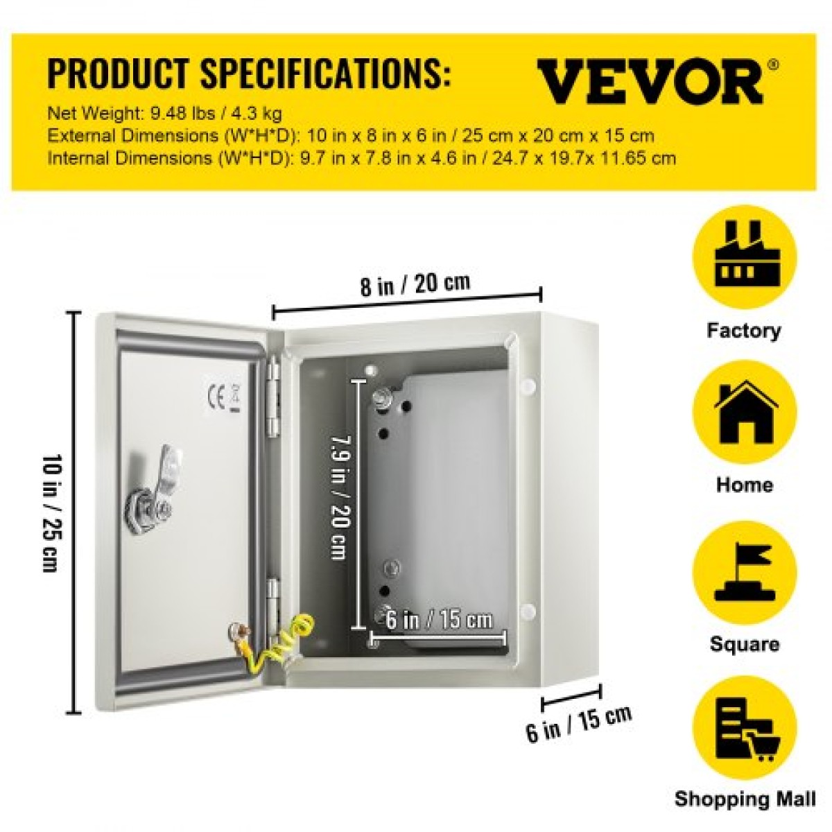Ατσάλινο περίβλημα VEVOR NEMA, 25x20x15 cm NEMA 4X Steel Electrical Box, IP66 Waterproof & Dustproof, Ηλεκτρικό κουτί σύνδεσης εξωτερικού/εσωτερικού χώρου, με πλάκα τοποθέτησης