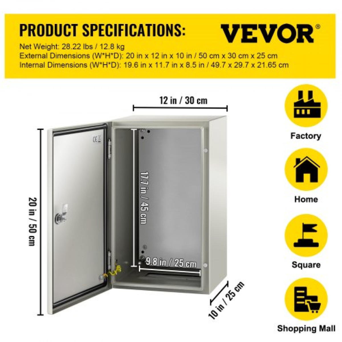 Ατσάλινο περίβλημα VEVOR NEMA, 50,8 x 30,5 x 25,4 cm NEMA 4X Steel Electrical Box, IP66 Waterproof & Dustproof, Ηλεκτρικό κουτί σύνδεσης εξωτερικού/εσωτερικού χώρου, με πλάκα τοποθέτησης