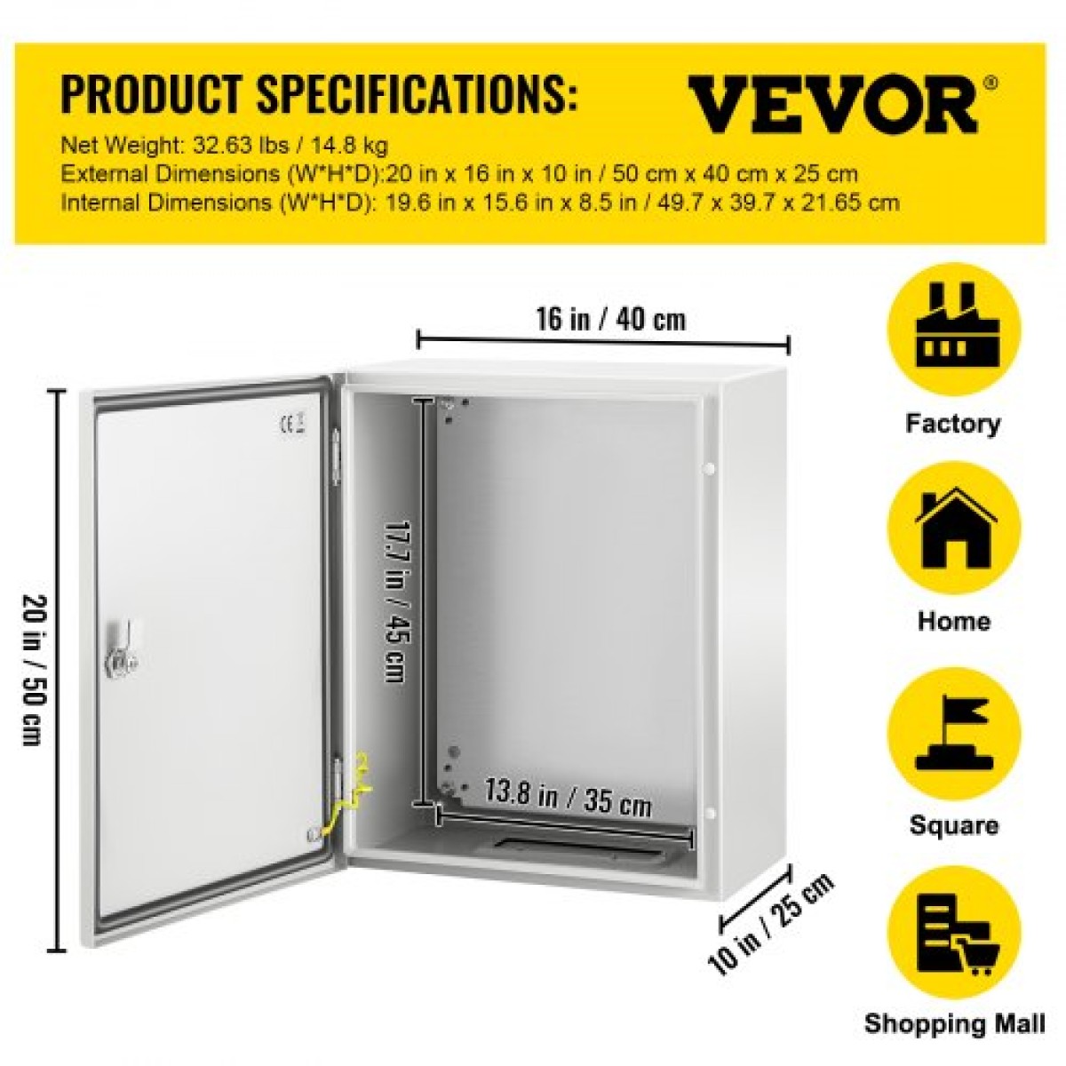 Ατσάλινο περίβλημα VEVOR NEMA, 50x40x25 cm NEMA 4X Steel Electrical Box, IP66 Waterproof & Dustproof, Electrical Junction Box εξωτερικού/εσωτερικού χώρου, με πλάκα τοποθέτησης