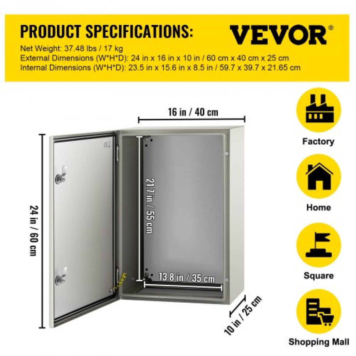 Ατσάλινο περίβλημα VEVOR NEMA, 60x40x25 cm NEMA 4X Steel Electrical Box, IP66 Waterproof & Dustproof, Electrical Junction Box εξωτερικού/εσωτερικού χώρου, με πλάκα τοποθέτησης