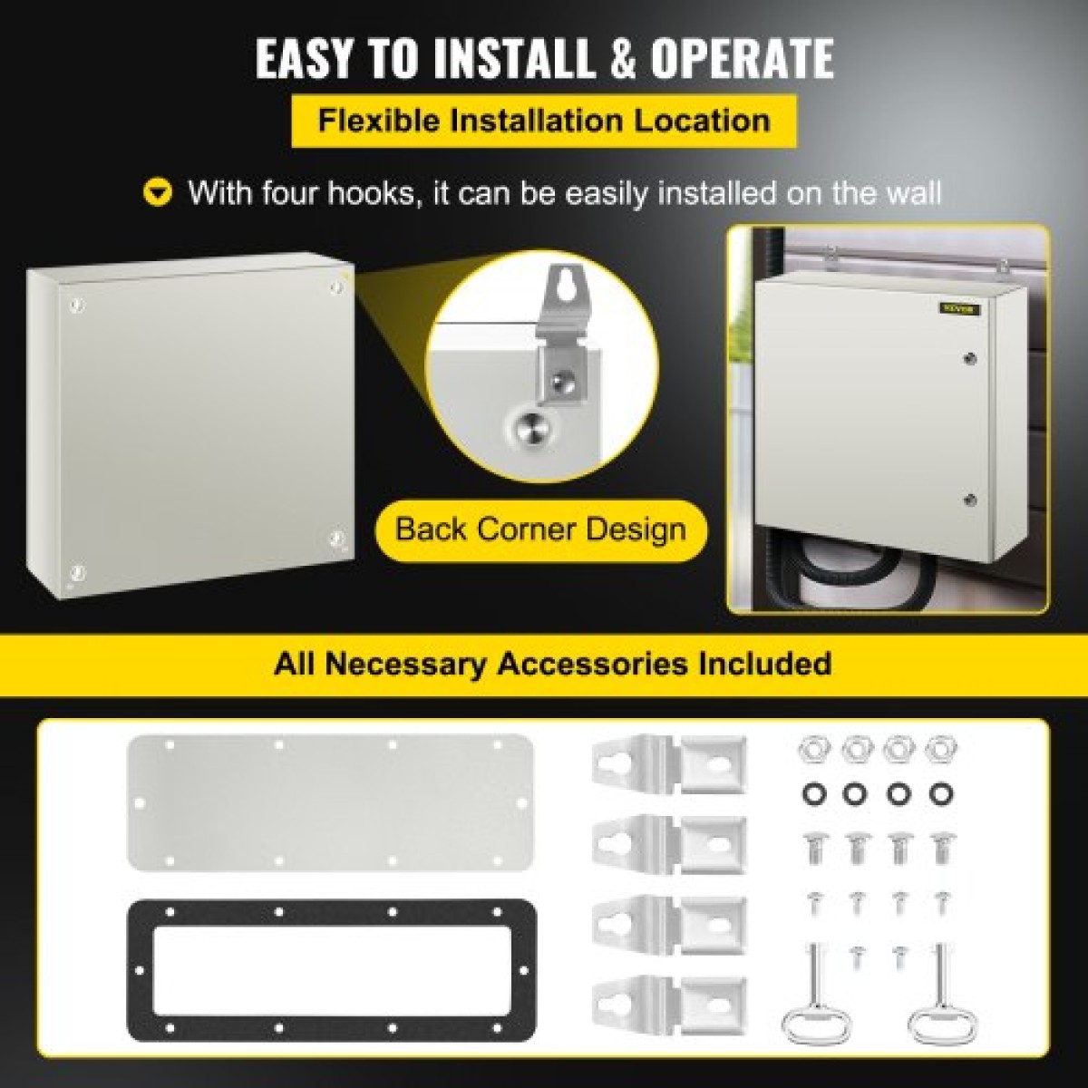 Ατσάλινο περίβλημα VEVOR NEMA, 60x60x20 cm NEMA 4X Steel Electrical Box, IP66 Waterproof & Dustproof, Ηλεκτρικό κουτί σύνδεσης εξωτερικού/εσωτερικού χώρου, με πλάκα τοποθέτησης
