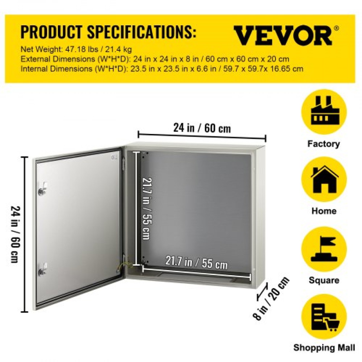 Ατσάλινο περίβλημα VEVOR NEMA, 60x60x20 cm NEMA 4X Steel Electrical Box, IP66 Waterproof & Dustproof, Ηλεκτρικό κουτί σύνδεσης εξωτερικού/εσωτερικού χώρου, με πλάκα τοποθέτησης