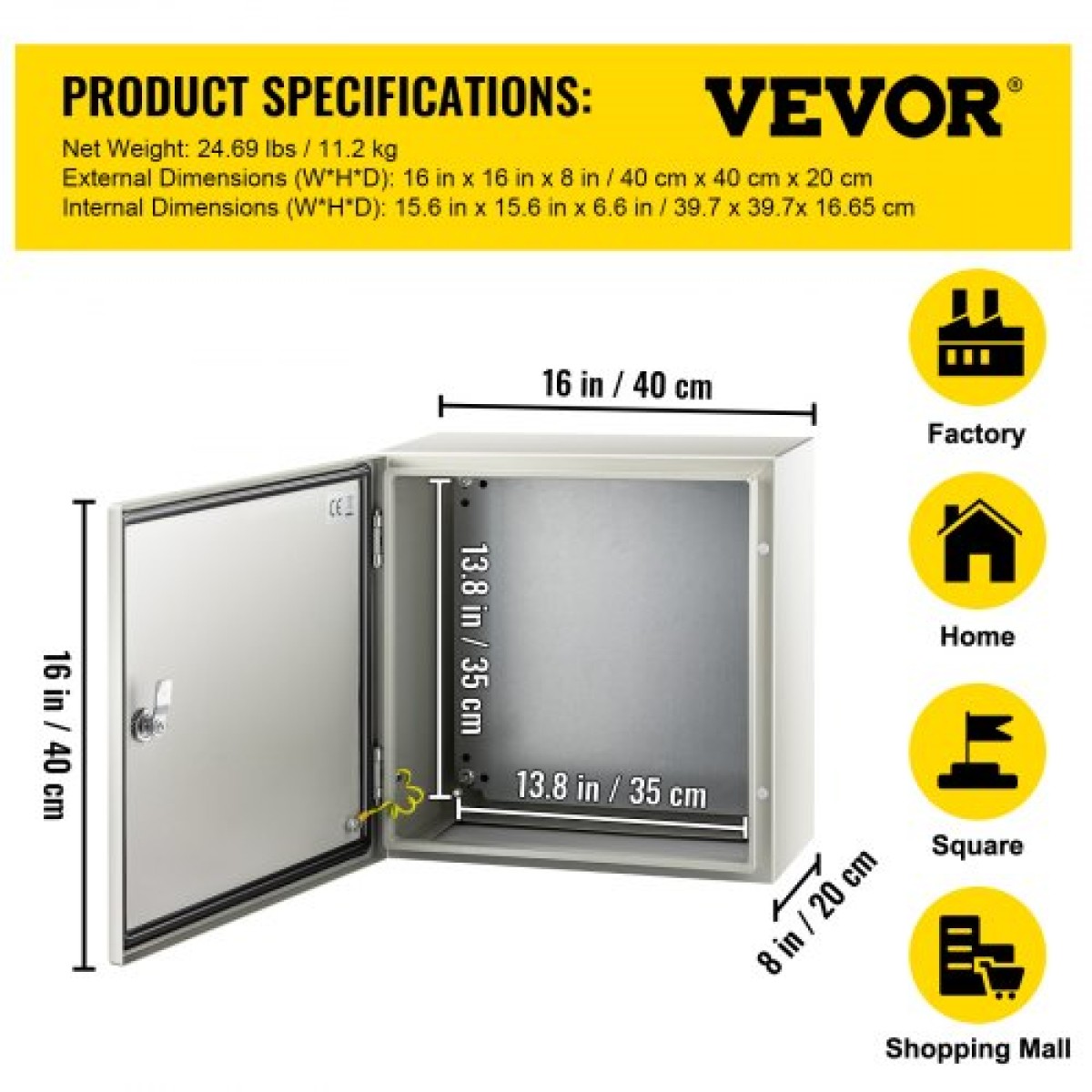 Ατσάλινο περίβλημα VEVOR NEMA, 40x40x20 cm NEMA 4X Steel Electrical Box, IP66 Waterproof & Dustproof, Electrical Junction Box εξωτερικού/εσωτερικού χώρου, με πλάκα τοποθέτησης