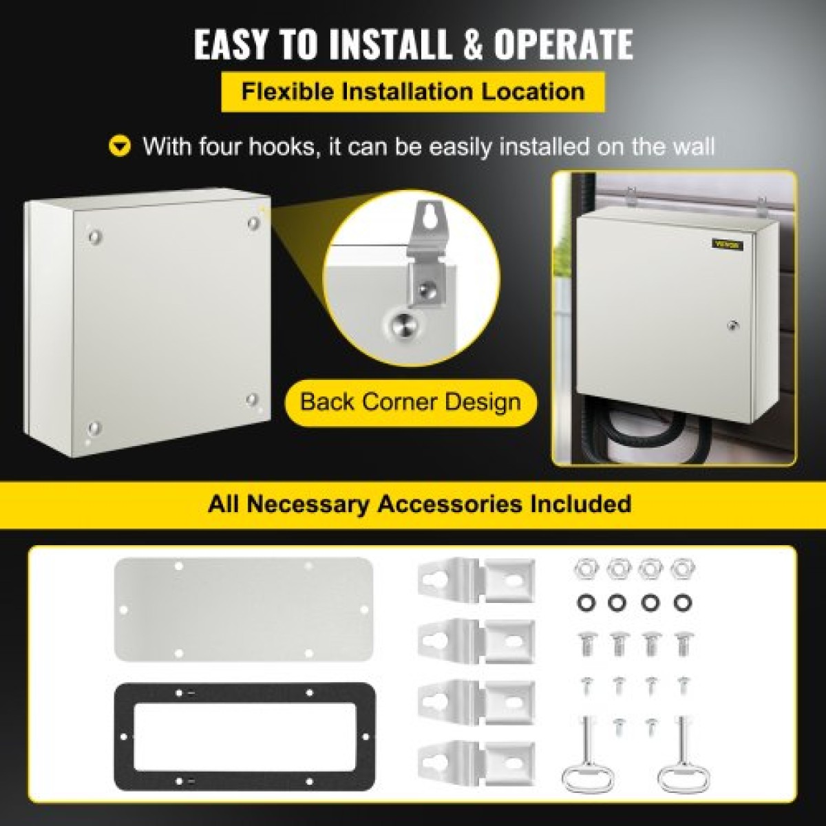 Ατσάλινο περίβλημα VEVOR NEMA, 50x50x15 cm NEMA 4X Steel Electrical Box, IP66 Waterproof & Dustproof, Electrical Junction Box εξωτερικού/εσωτερικού χώρου, με πλάκα τοποθέτησης