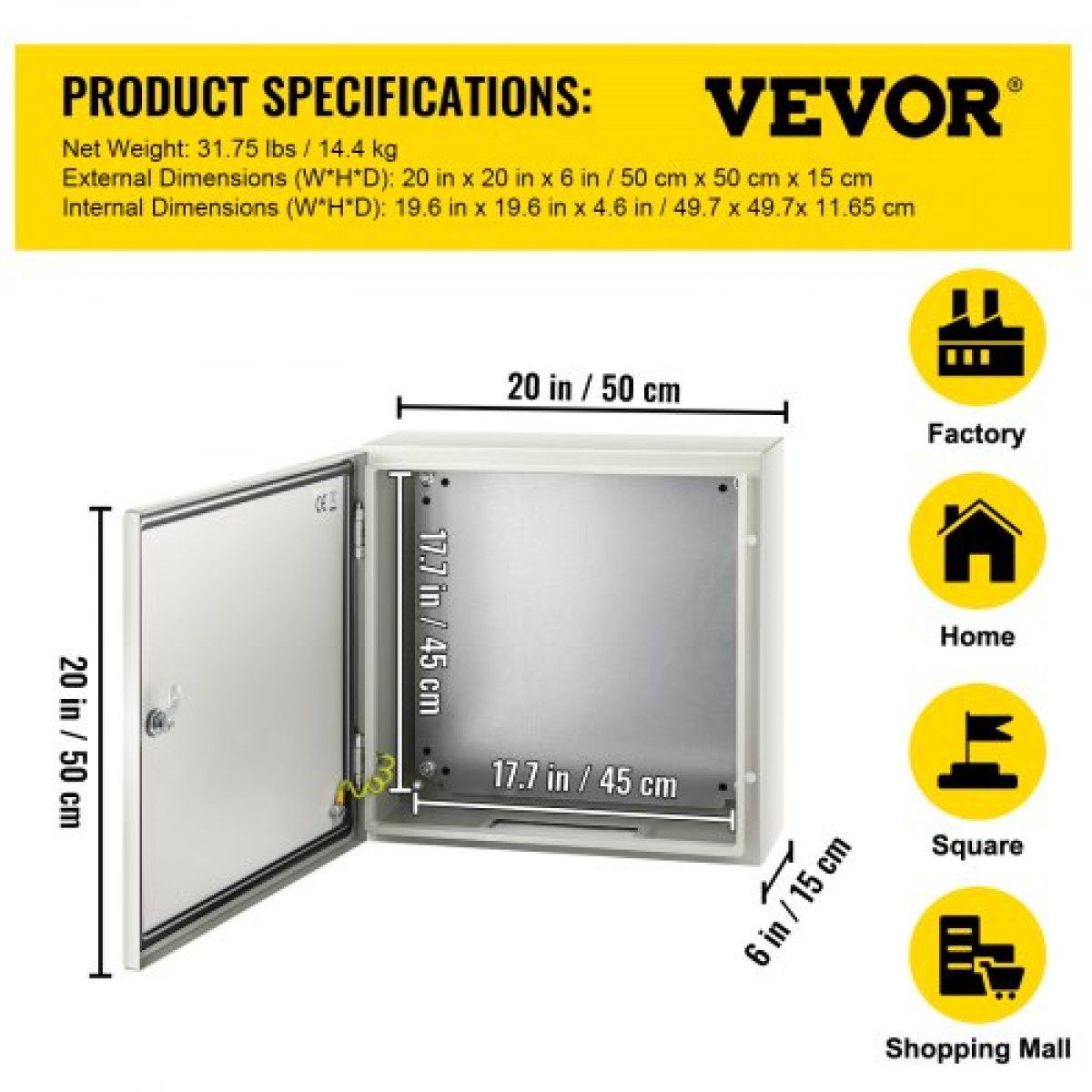 Ατσάλινο περίβλημα VEVOR NEMA, 50x50x15 cm NEMA 4X Steel Electrical Box, IP66 Waterproof & Dustproof, Electrical Junction Box εξωτερικού/εσωτερικού χώρου, με πλάκα τοποθέτησης