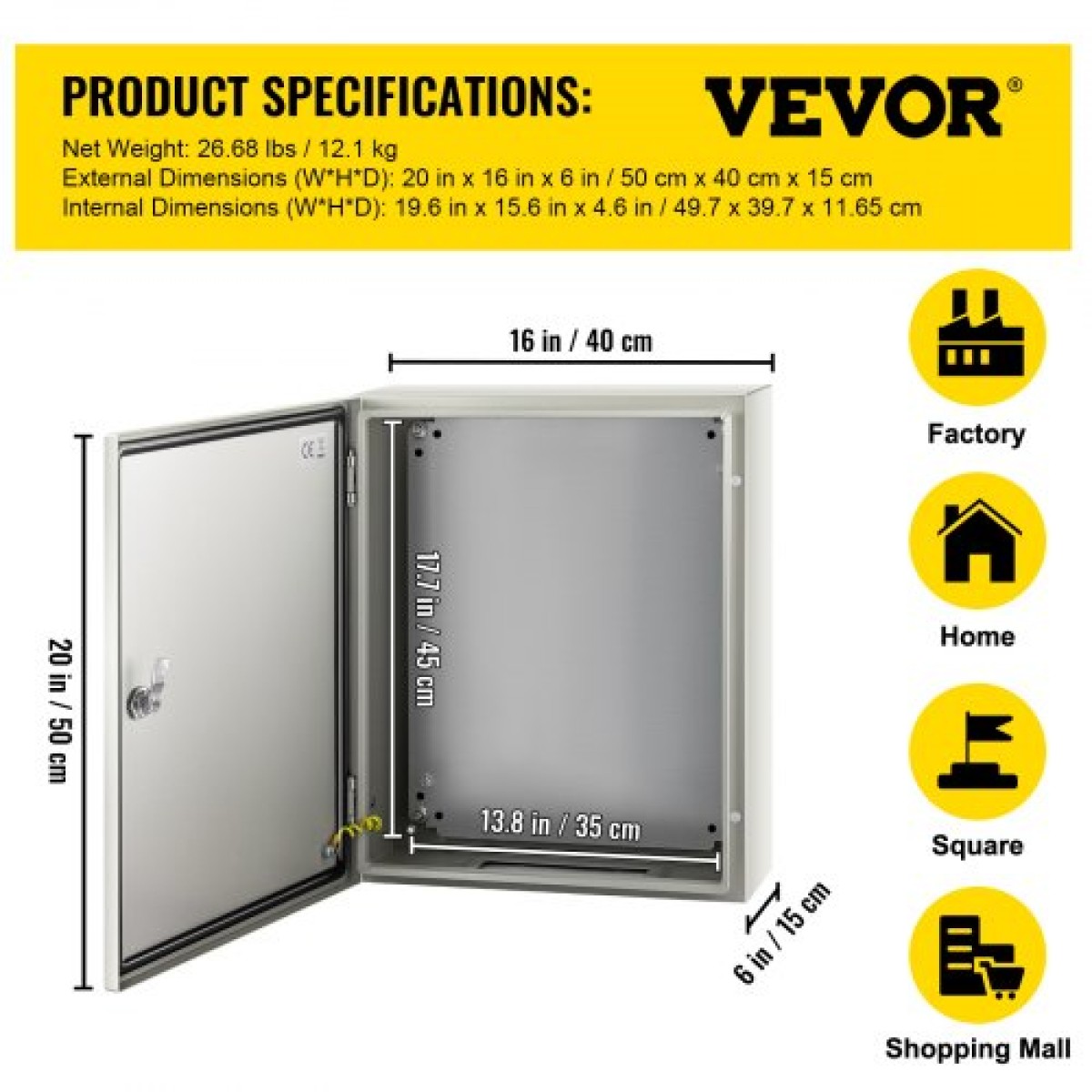 Ατσάλινο περίβλημα VEVOR NEMA, 50x40x15 cm NEMA 4X Steel Electrical Box, IP66 Waterproof & Dustproof, Electrical Junction Box εξωτερικού/εσωτερικού χώρου, με πλάκα τοποθέτησης