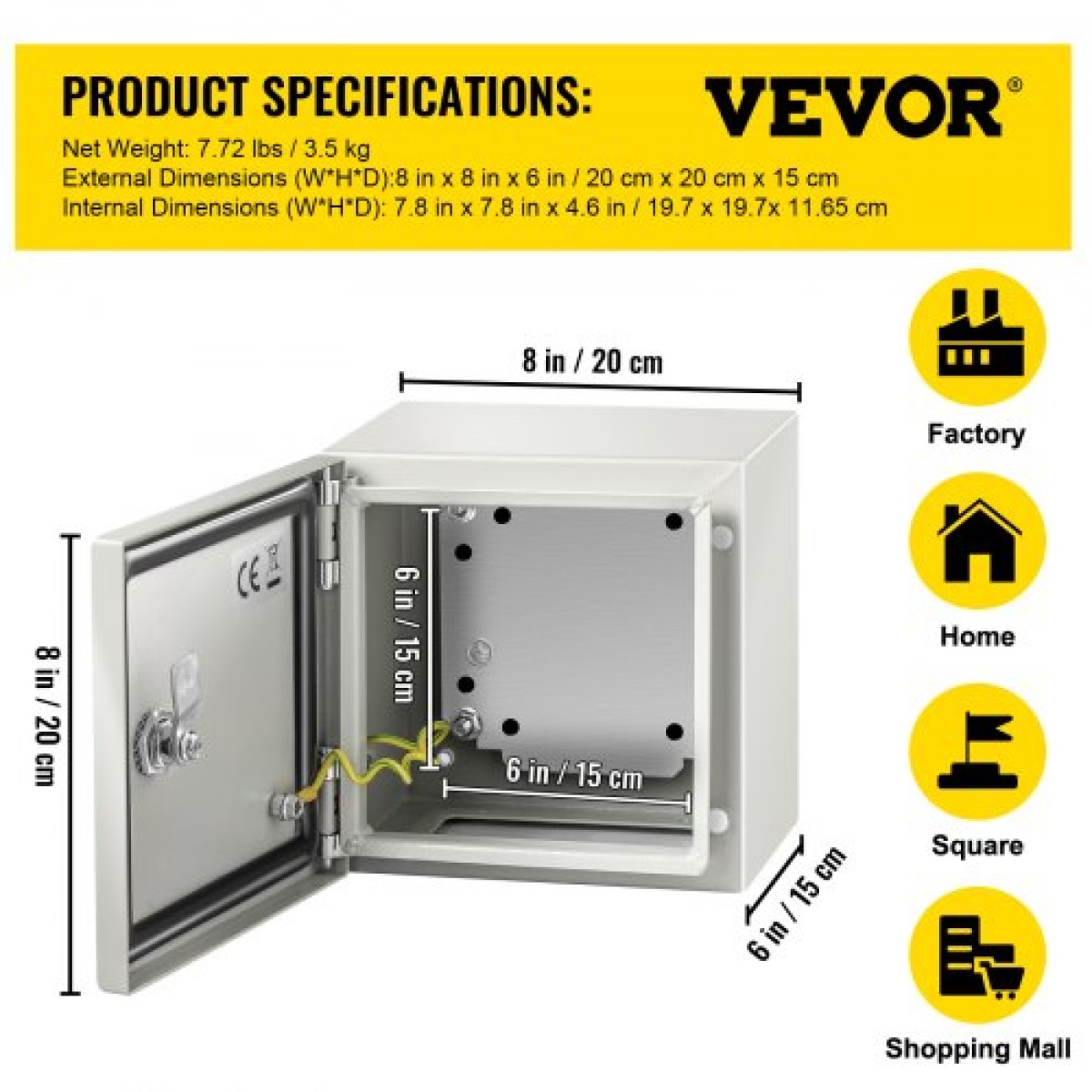 VEVOR NEMA Ατσάλινο περίβλημα, 20x20x15 cm NEMA 4X Steel Electrical Box, IP66 Waterproof & Dustproof, Outdoor / Indoor Electrical Junction Box