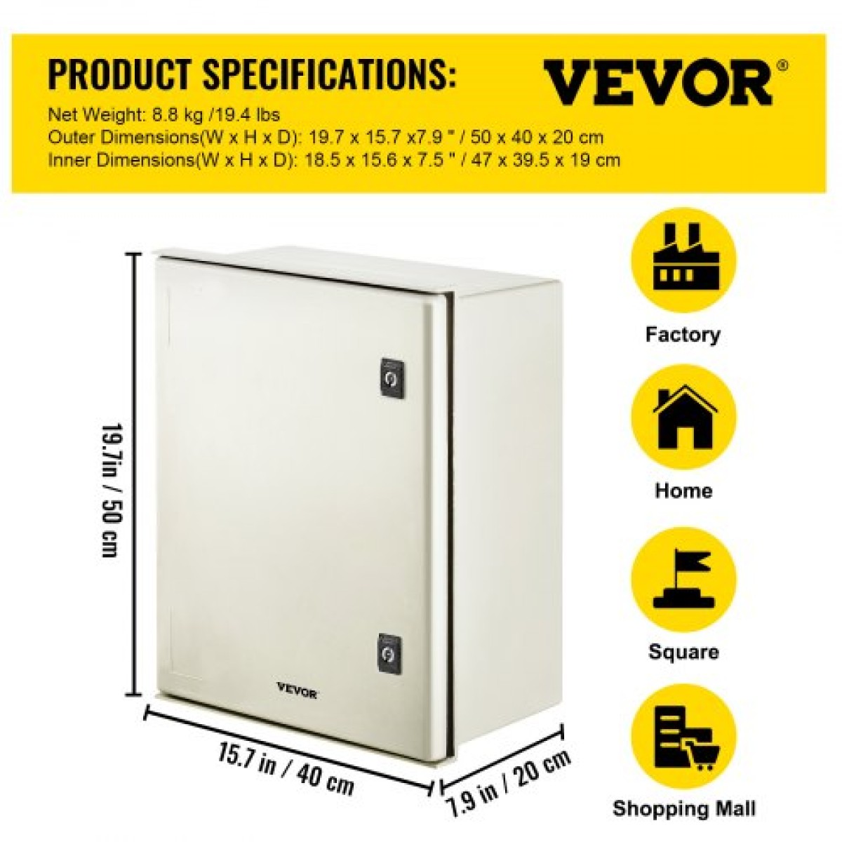 VEVOR Fiberglass Enclosure Electrical Enclosure Box 50x40x20 cm Βάση τοίχου