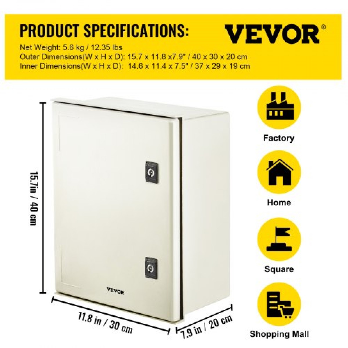 Περίβλημα VEVOR NEMA Fiberglass, 40x30x20 cm NEMA 4X Fiberglass Electrical Box, IP66 Waterproof & Dustproof, Electrical Junction Box εξωτερικού/εσωτερικού χώρου, με πλάκα τοποθέτησης