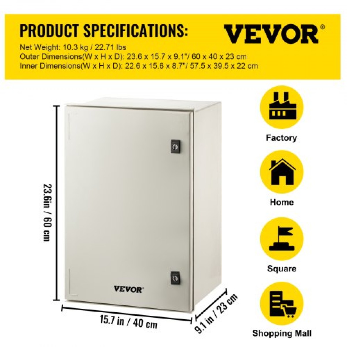 VEVOR NEMA Ατσάλινο περίβλημα, 60x40x23 cm NEMA 4X Fiberglass Electrical Box, IP66 Waterproof & Dustproof, Outdoor/Indoor Electrical Junction Box, με πλάκα τοποθέτησης