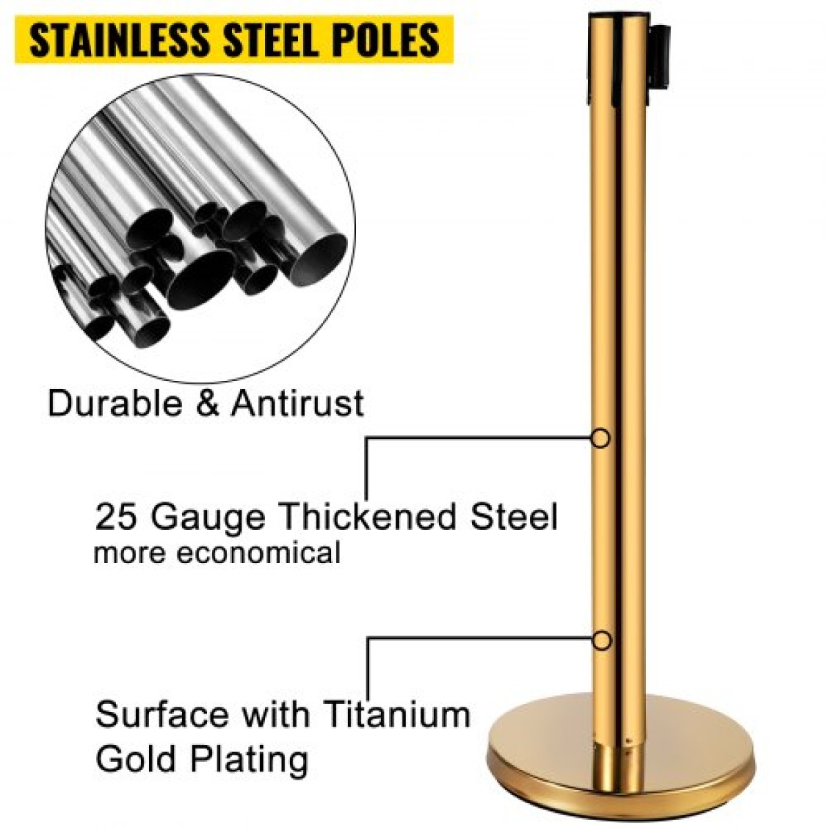 VEVOR Stanchion Post Barriers 4-σετ διαχωριστικά γραμμής, ορθοστάτες από ανοξείδωτο χάλυβα με 6,6 κόκκινες αναδιπλούμενες ζώνες, ορθοστάτες με πλαίσιο μίας πινακίδας, 34,6 ορθοστάτες ασφαλείας ουράς (χρυσός)