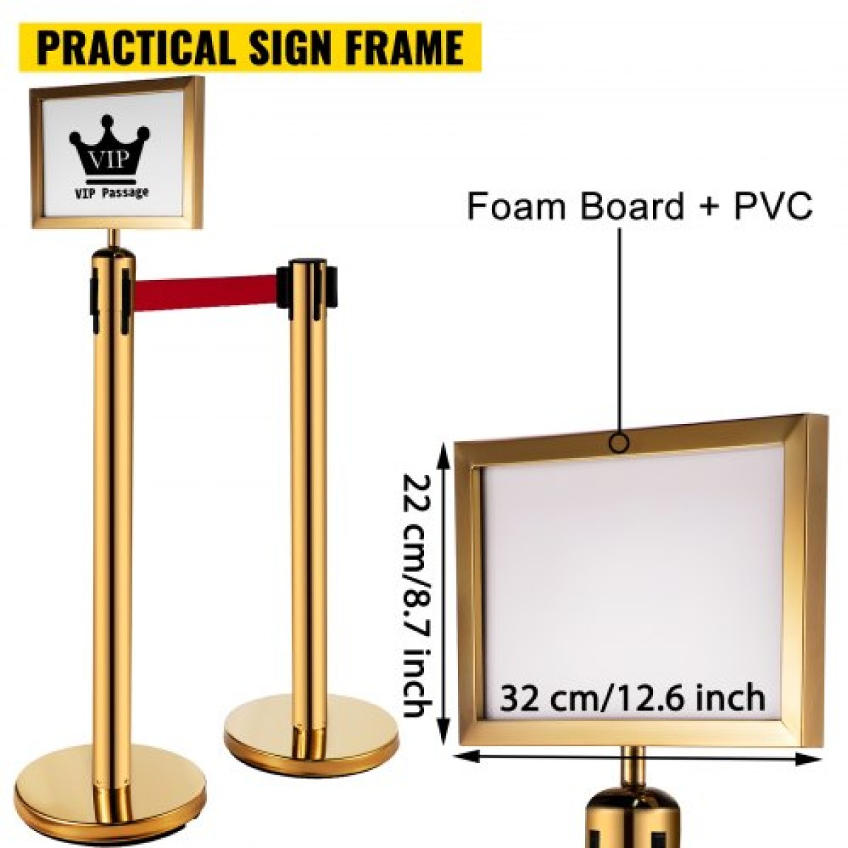 VEVOR Stanchion Post Barriers 4-σετ διαχωριστικά γραμμής, ορθοστάτες από ανοξείδωτο χάλυβα με 6,6 κόκκινες αναδιπλούμενες ζώνες, ορθοστάτες με πλαίσιο μίας πινακίδας, 34,6 ορθοστάτες ασφαλείας ουράς (χρυσός)