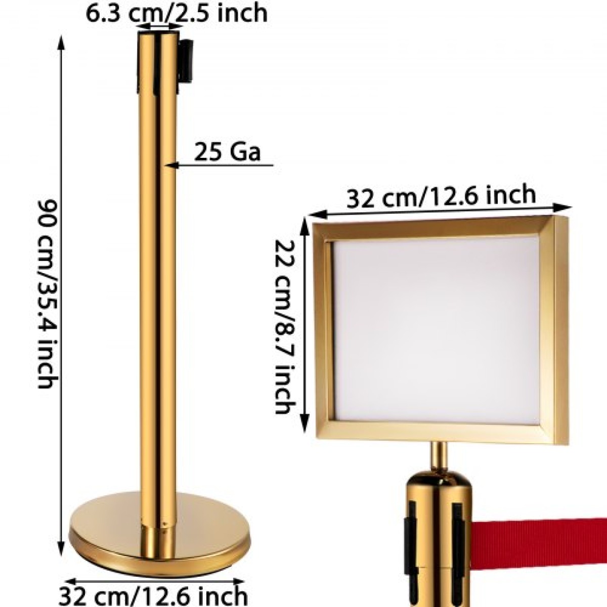 VEVOR Stanchion Post Barriers 4-σετ διαχωριστικά γραμμής, ορθοστάτες από ανοξείδωτο χάλυβα με 6,6 κόκκινες αναδιπλούμενες ζώνες, ορθοστάτες με πλαίσιο μίας πινακίδας, 34,6 ορθοστάτες ασφαλείας ουράς (χρυσός)