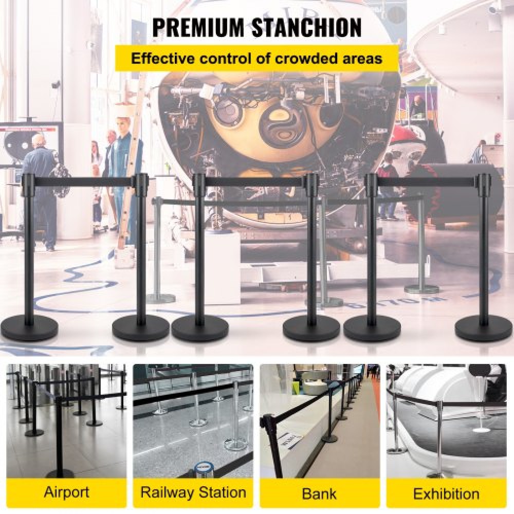 VEVOR Crowd Control Stanchion, Σετ 6 τεμαχίων Stanchion Set, Stanchion Set με 6,6 ft/2 m Μαύρη ανασυρόμενη ζώνη, Black Crowd Control Barrier με σκυρόδεμα και μεταλλική βάση - Συναρμολόγηση Easy Connect
