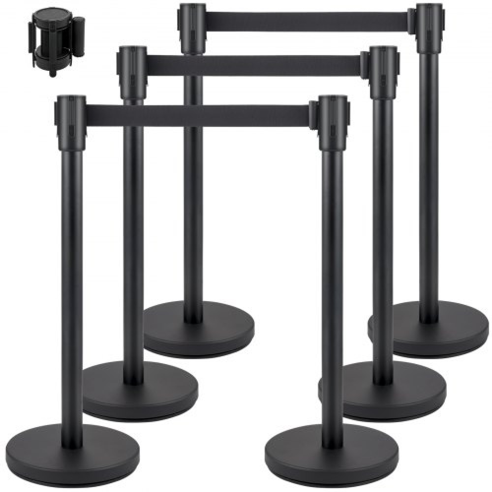 VEVOR Crowd Control Stanchion, Σετ 6 τεμαχίων Stanchion Set, Stanchion Set με 6,6 ft/2 m Μαύρη ανασυρόμενη ζώνη, Black Crowd Control Barrier με σκυρόδεμα και μεταλλική βάση - Συναρμολόγηση Easy Connect
