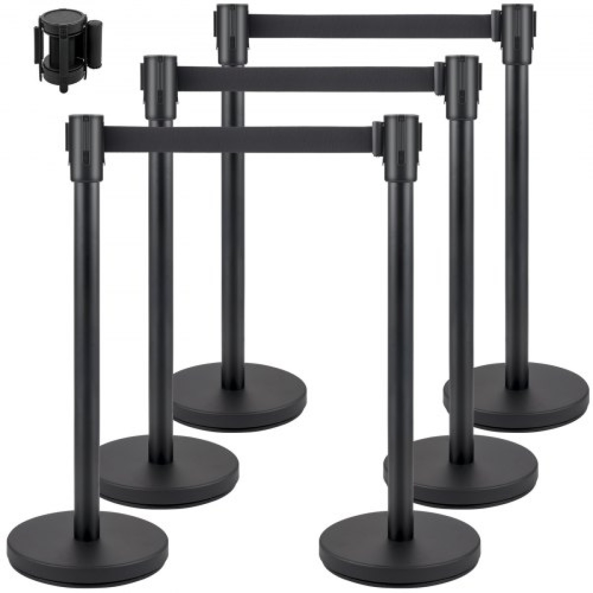 VEVOR Crowd Control Stanchion, Σετ 6 τεμαχίων Stanchion Set, Stanchion Set με 6,6 ft/2 m Μαύρη ανασυρόμενη ζώνη, Black Crowd Control Barrier με σκυρόδεμα και μεταλλική βάση - Συναρμολόγηση Easy Connect