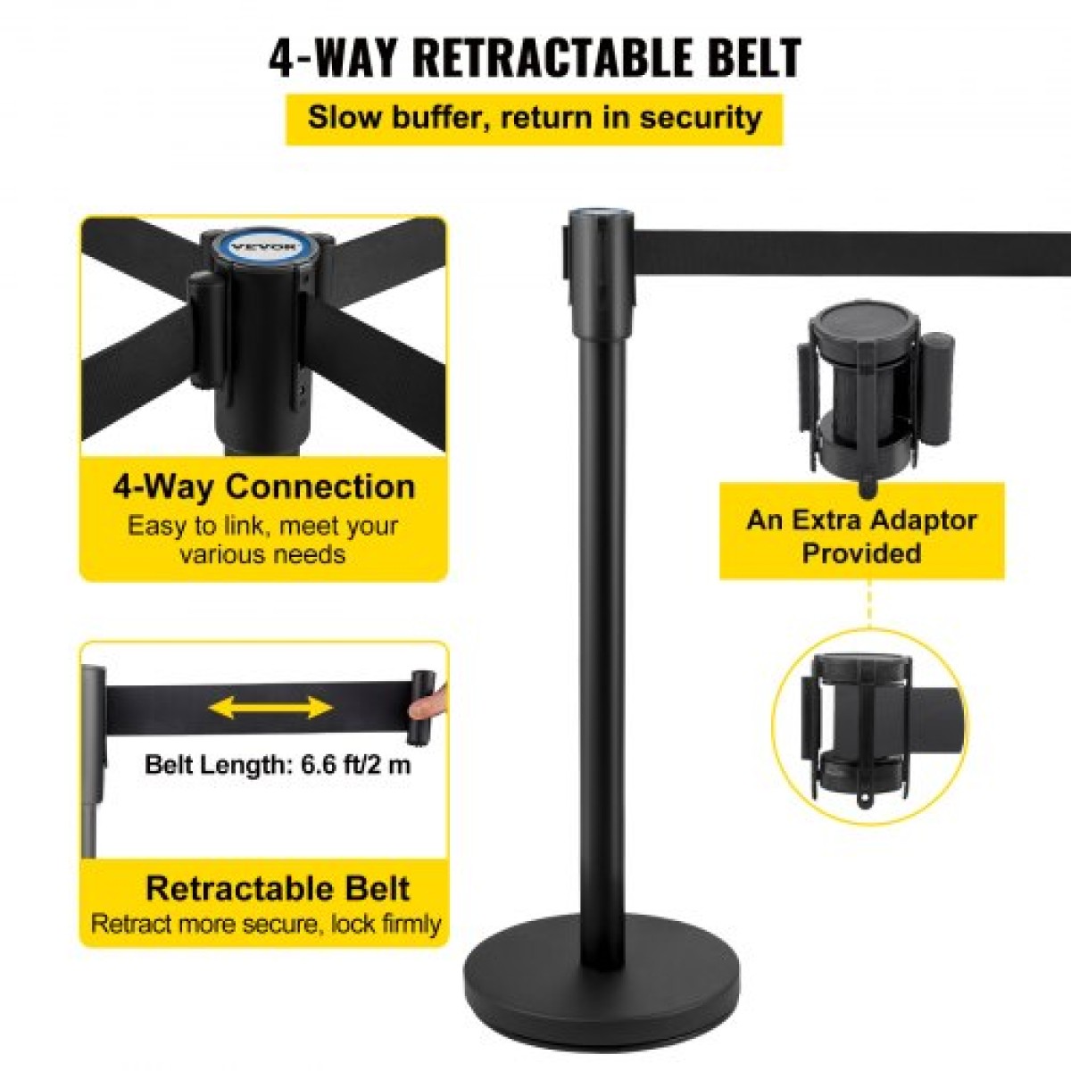 VEVOR Crowd Control Stanchion, Σετ 6 τεμαχίων Stanchion Set, Stanchion Set με 6,6 ft/2 m Μαύρη ανασυρόμενη ζώνη, Black Crowd Control Barrier με σκυρόδεμα και μεταλλική βάση - Συναρμολόγηση Easy Connect
