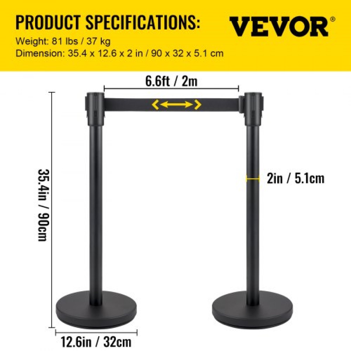 VEVOR Crowd Control Stanchion, Σετ 6 τεμαχίων Stanchion Set, Stanchion Set με 6,6 ft/2 m Μαύρη ανασυρόμενη ζώνη, Black Crowd Control Barrier με σκυρόδεμα και μεταλλική βάση - Συναρμολόγηση Easy Connect