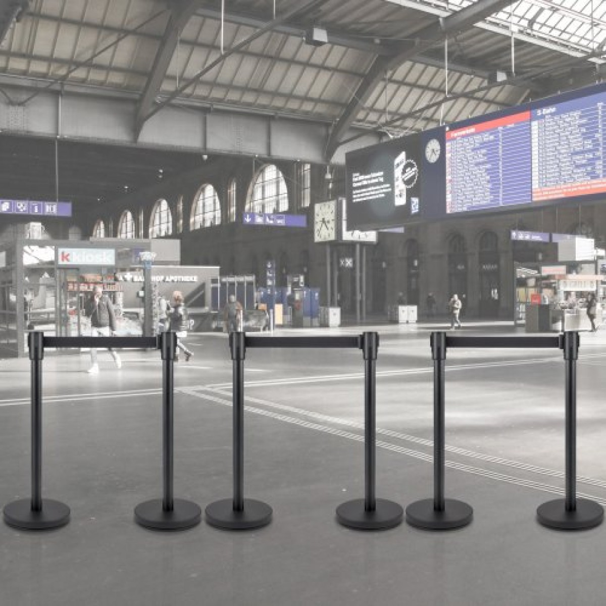 VEVOR Crowd Control Stanchion, Σετ 6 τεμαχίων Stanchion Set, Stanchion Set με 6,6 ft/2 m Μαύρη ανασυρόμενη ζώνη, Black Crowd Control Barrier με σκυρόδεμα και μεταλλική βάση - Συναρμολόγηση Easy Connect