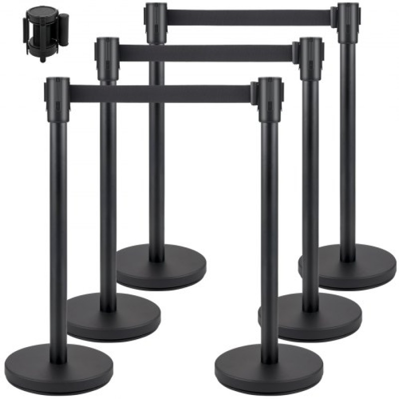 VEVOR Crowd Control Stanchion, Σετ 6 τεμαχίων Stanchion Set, Stanchion Set με 6,6 ft/2 m Μαύρη ανασυρόμενη ζώνη, Black Crowd Control Barrier με σκυρόδεμα και μεταλλική βάση - Συναρμολόγηση Easy Connect
