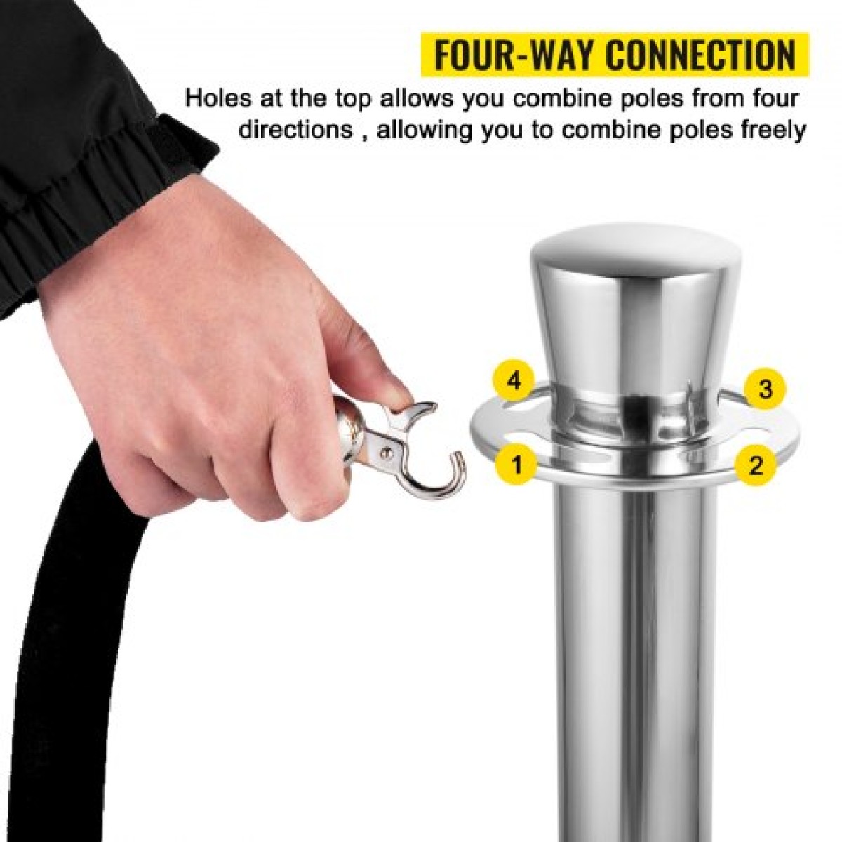 VEVOR Crowd Control Stanchion, Σετ 2 τεμαχίων Stanchion Set, Stanchion Set with 5 ft/1,5 m Black Velvet Rope, Silver Crowd Control Barrier με στιβαρό σκυρόδεμα και μεταλλική βάση - Συναρμολόγηση Easy Connect