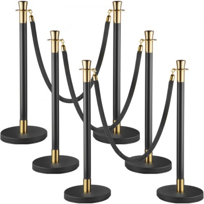 VEVOR Crowd Control Stanchion, Σετ 6 τεμαχίων Stanchion Set, Stanchion Set with 5 ft/1,5 m Black Velvet Rope, Black Crowd Control Barrier με στιβαρό σκυρόδεμα και μεταλλική βάση – Συναρμολόγηση Easy Connect