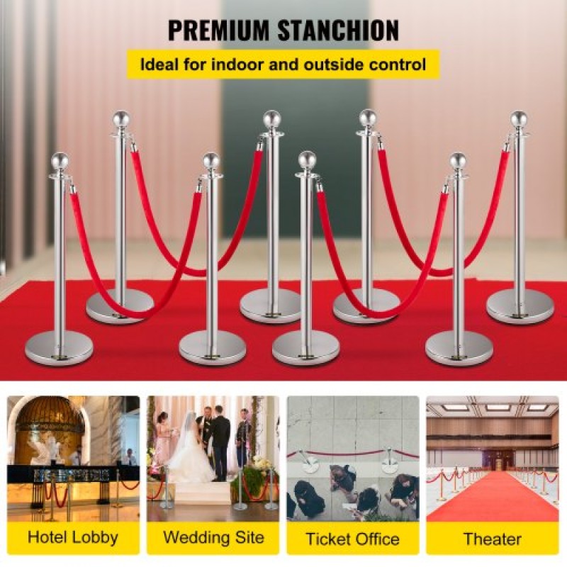 VEVOR Crowd Control Stanchion, Σετ 8 τεμαχίων Stanchion Set, Stanchion Set with 5 ft/1,5 m Red Velvet Rope, Silver Crowd Control Barrier με στιβαρό σκυρόδεμα και μεταλλική βάση – Συναρμολόγηση Easy Connect