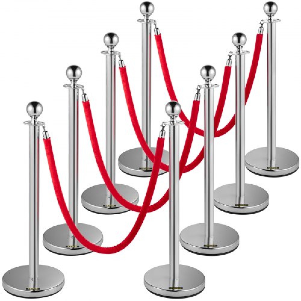 VEVOR Crowd Control Stanchion, Σετ 8 τεμαχίων Stanchion Set, Stanchion Set with 5 ft/1,5 m Red Velvet Rope, Silver Crowd Control Barrier με στιβαρό σκυρόδεμα και μεταλλική βάση – Συναρμολόγηση Easy Connect