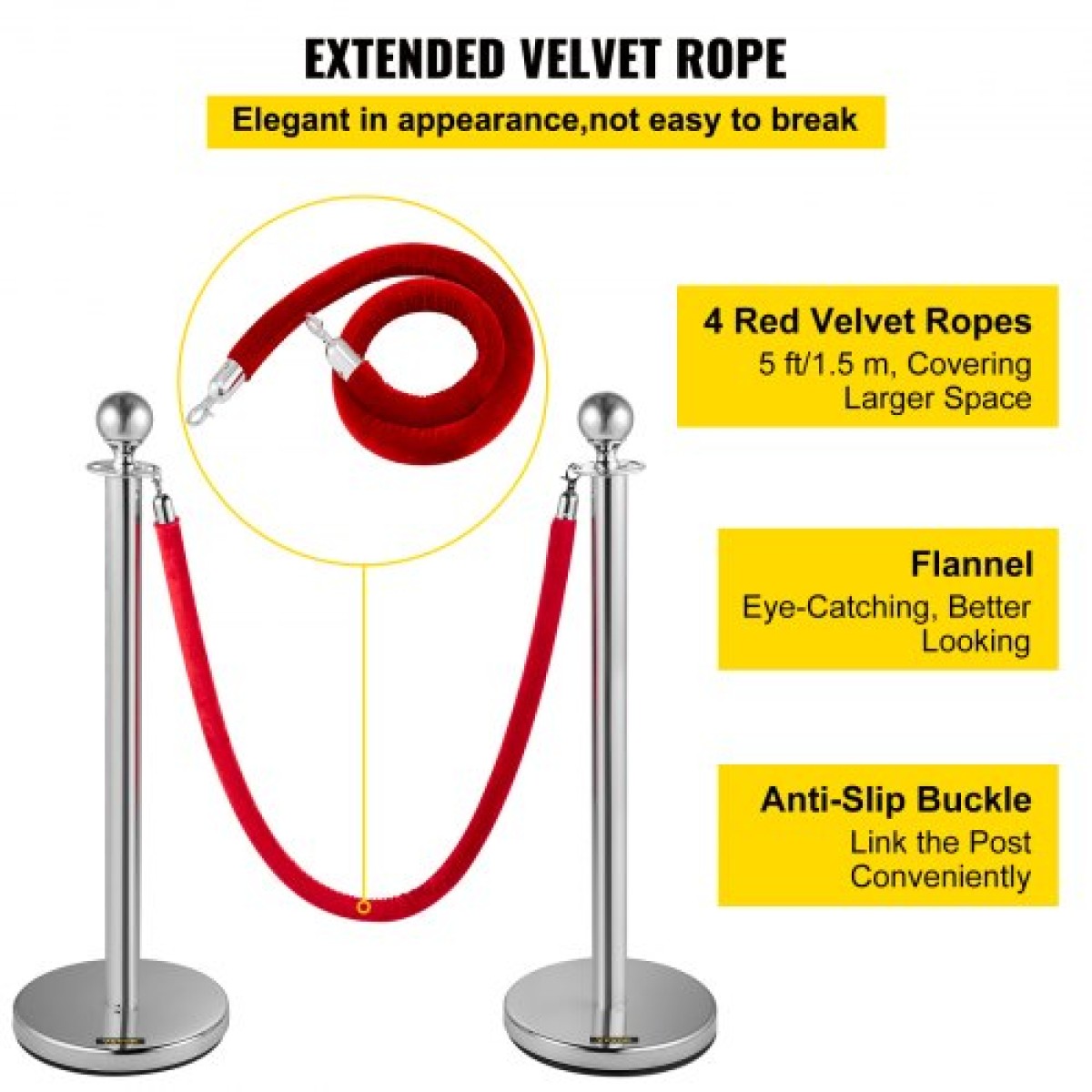 VEVOR Crowd Control Stanchion, Σετ 8 τεμαχίων Stanchion Set, Stanchion Set with 5 ft/1,5 m Red Velvet Rope, Silver Crowd Control Barrier με στιβαρό σκυρόδεμα και μεταλλική βάση – Συναρμολόγηση Easy Connect