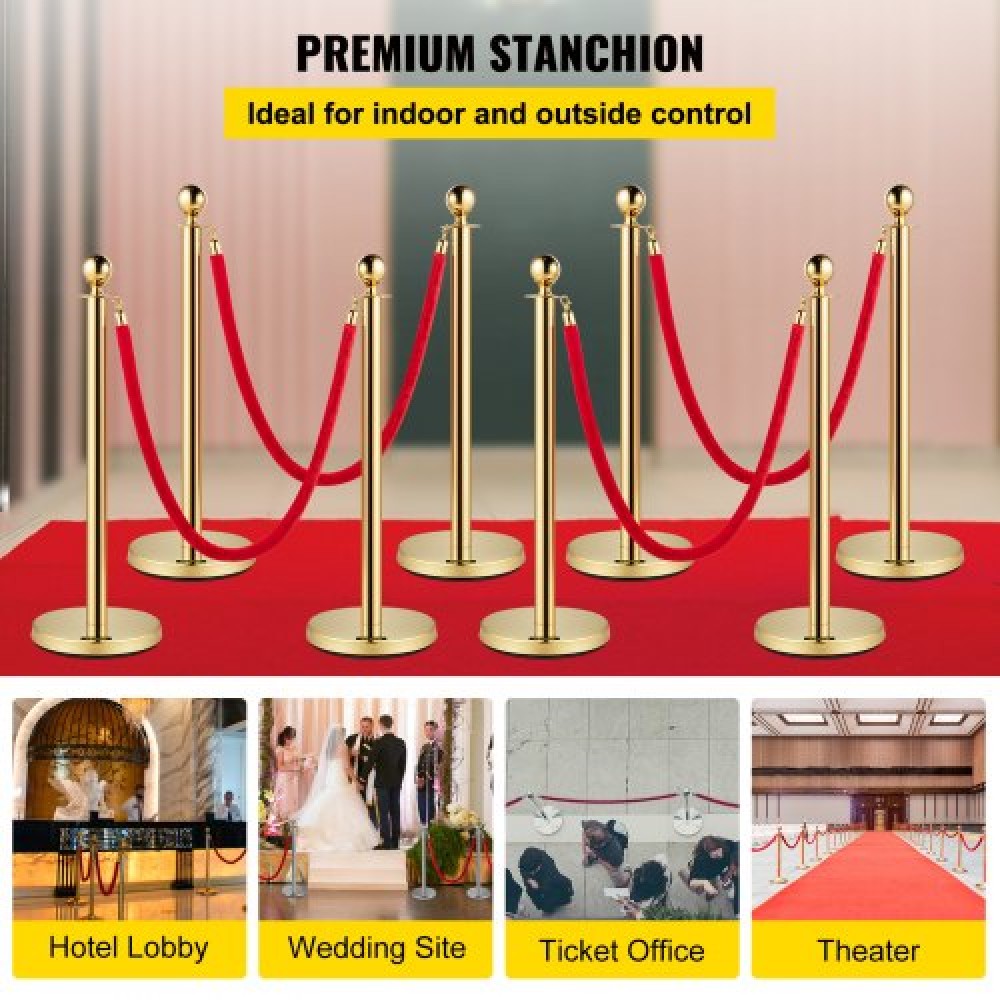 VEVOR Crowd Control Stanchion, Σετ 8 τεμαχίων Stanchion Set, Stanchion Set with 5 ft/1,5 m Red Velvet Rope, Gold Crowd Control Barrier με στιβαρό σκυρόδεμα και μεταλλική βάση – Συναρμολόγηση Easy Connect