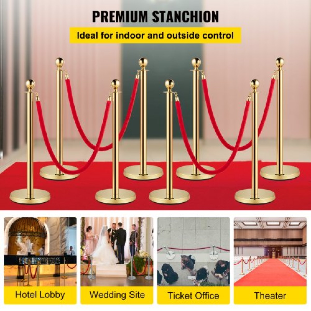 VEVOR Crowd Control Stanchion, Σετ 8 τεμαχίων Stanchion Set, Stanchion Set with 5 ft/1,5 m Red Velvet Rope, Gold Crowd Control Barrier με στιβαρό σκυρόδεμα και μεταλλική βάση – Συναρμολόγηση Easy Connect