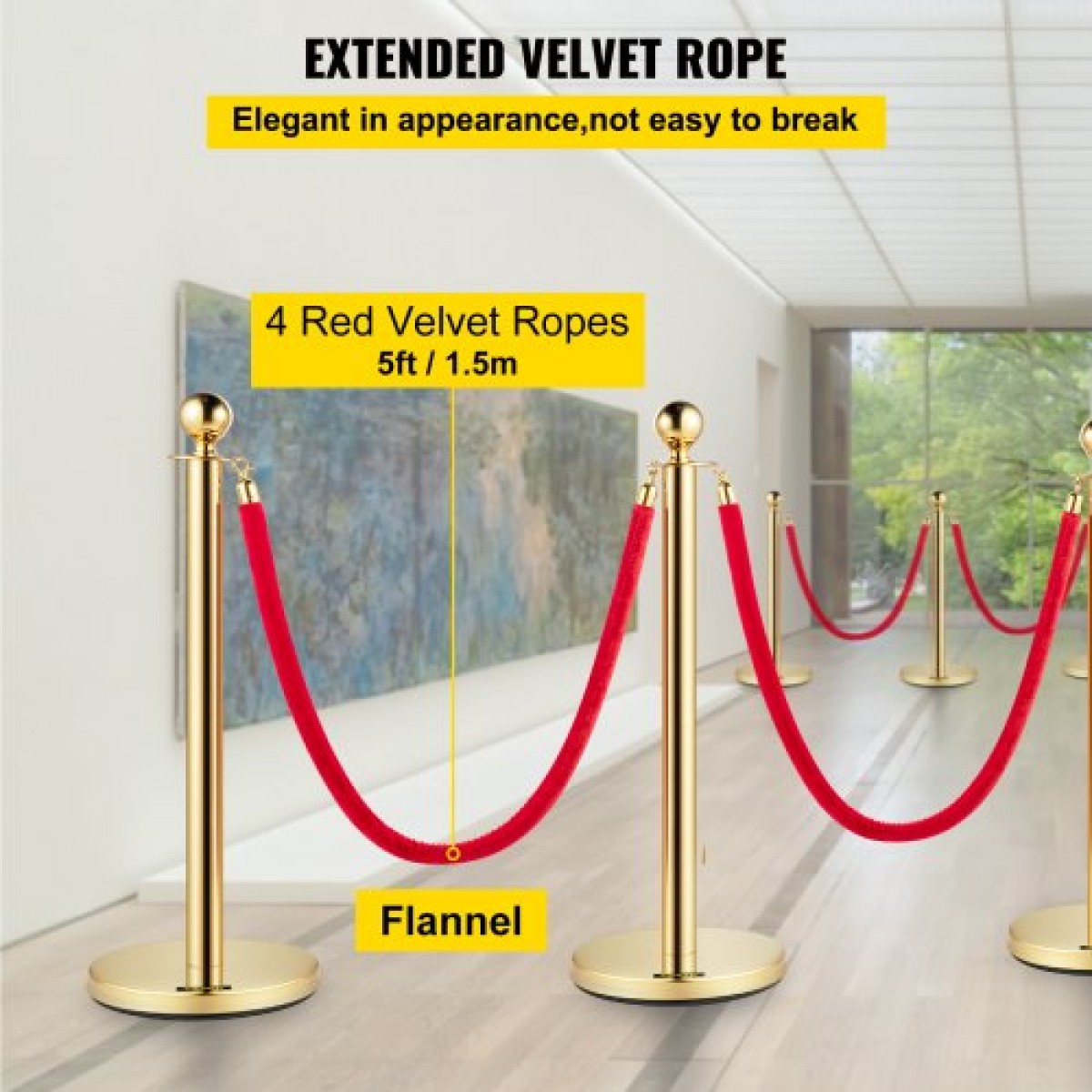 VEVOR Crowd Control Stanchion, Σετ 8 τεμαχίων Stanchion Set, Stanchion Set with 5 ft/1,5 m Red Velvet Rope, Gold Crowd Control Barrier με στιβαρό σκυρόδεμα και μεταλλική βάση – Συναρμολόγηση Easy Connect
