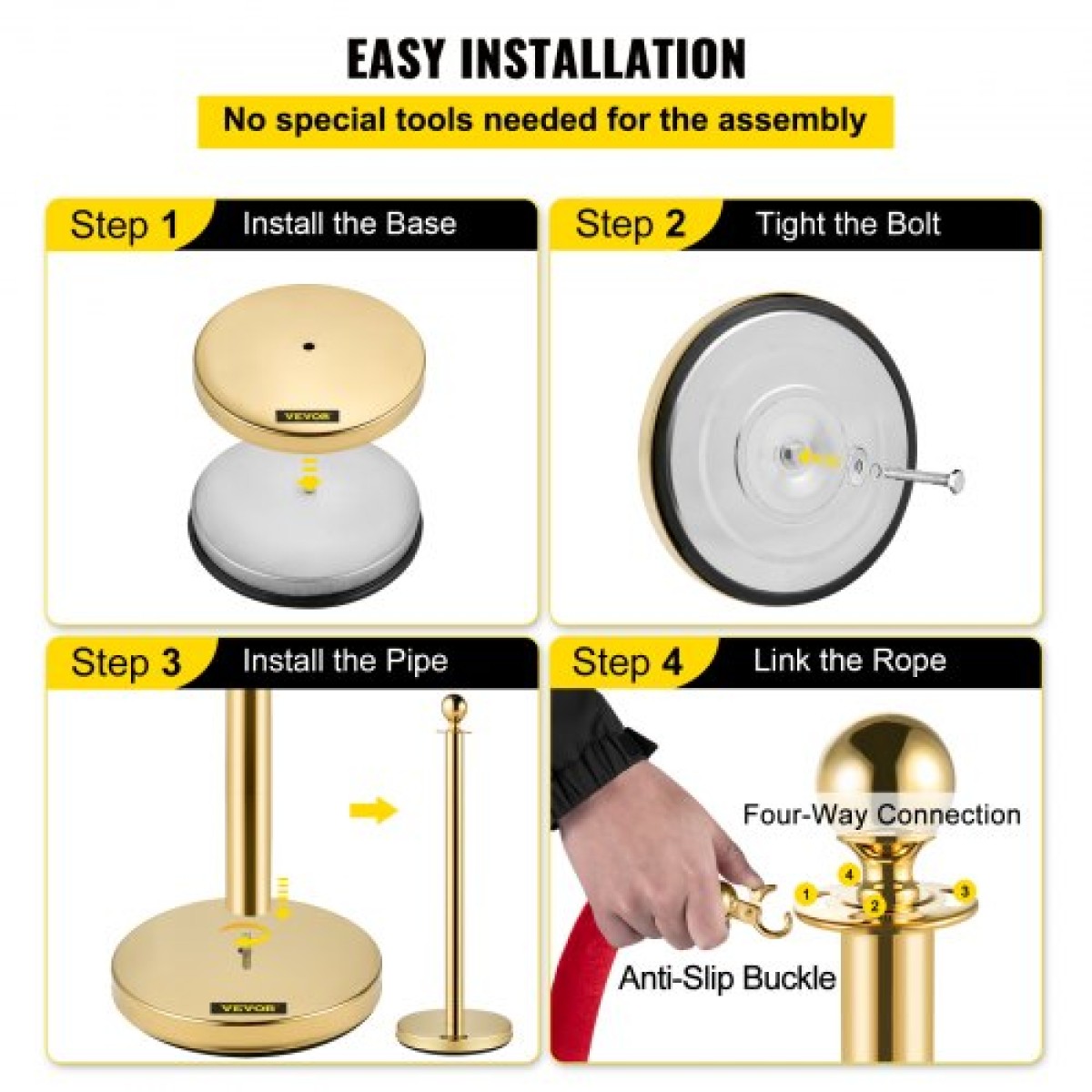 VEVOR Crowd Control Stanchion, Σετ 8 τεμαχίων Stanchion Set, Stanchion Set with 5 ft/1,5 m Red Velvet Rope, Gold Crowd Control Barrier με στιβαρό σκυρόδεμα και μεταλλική βάση – Συναρμολόγηση Easy Connect