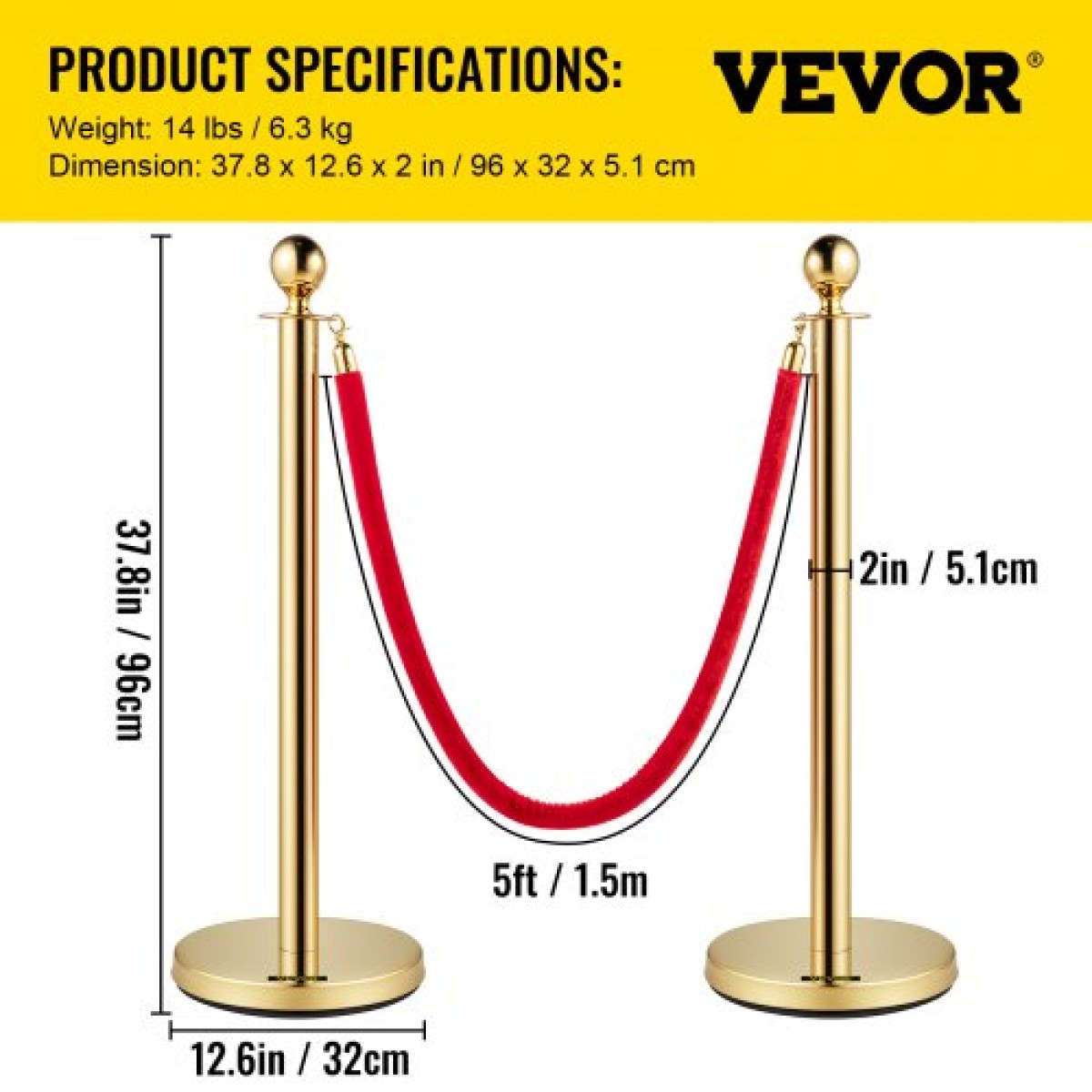 VEVOR Crowd Control Stanchion, Σετ 8 τεμαχίων Stanchion Set, Stanchion Set with 5 ft/1,5 m Red Velvet Rope, Gold Crowd Control Barrier με στιβαρό σκυρόδεμα και μεταλλική βάση – Συναρμολόγηση Easy Connect