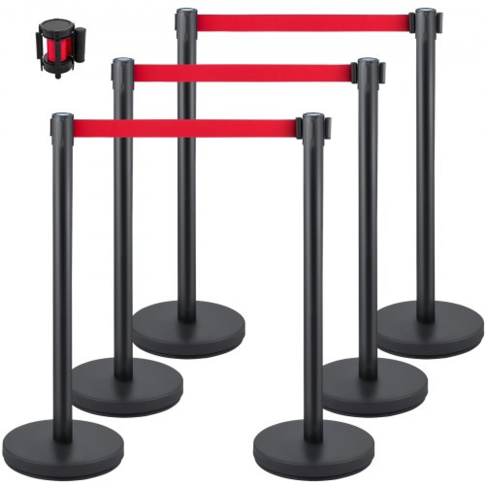 VEVOR Crowd Control Stanchion, Σετ 6 τεμαχίων Stanchion Set, Stanchion Set με 6,6 ft/2 m Κόκκινη ανασυρόμενη ζώνη, Μαύρο φράγμα ελέγχου πλήθους με λαστιχένια βάση – Easy Connect Assembly για έλεγχο του πλήθους