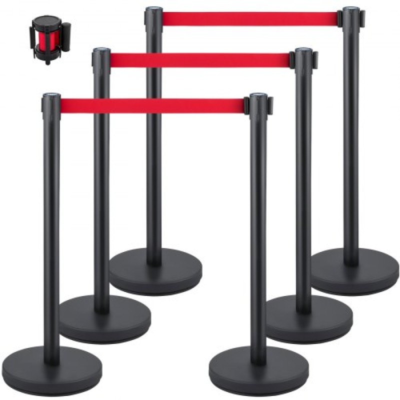 VEVOR Crowd Control Stanchion, Σετ 6 τεμαχίων Stanchion Set, Stanchion Set με 6,6 ft/2 m Κόκκινη ανασυρόμενη ζώνη, Μαύρο φράγμα ελέγχου πλήθους με λαστιχένια βάση – Easy Connect Assembly για έλεγχο του πλήθους