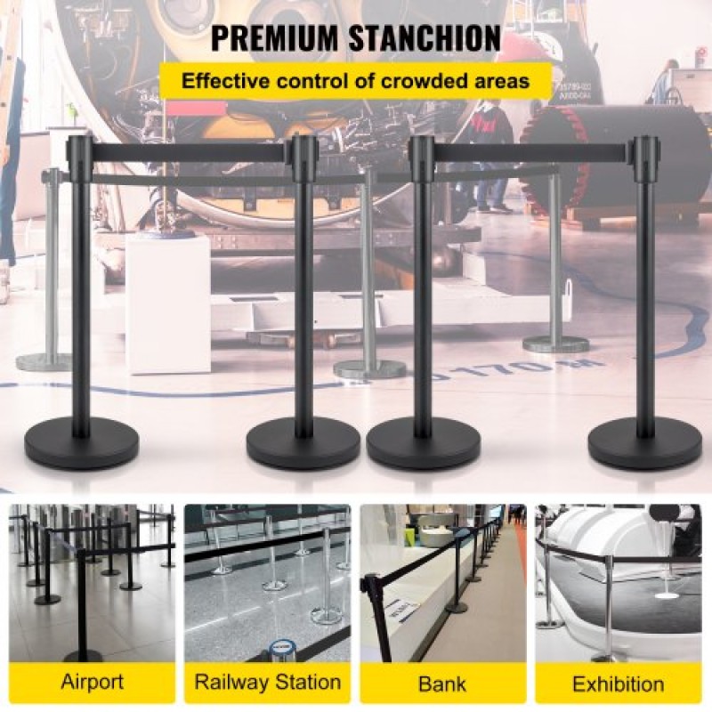 VEVOR Crowd Control Stanchion, Σετ 4 τεμαχίων Stanchion Set, Stanchion Set με 6,6 ft/2 m Μαύρη ανασυρόμενη ζώνη, Black Crowd Control Barrier με σκυρόδεμα και μεταλλική βάση - Συναρμολόγηση Easy Connect