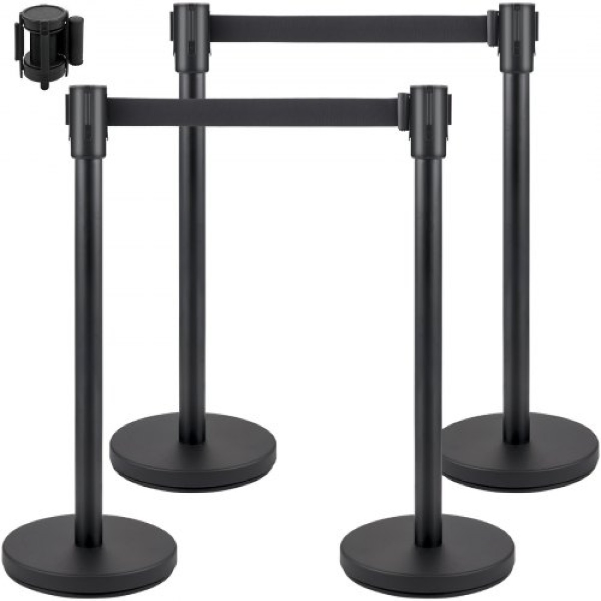 VEVOR Crowd Control Stanchion, Σετ 4 τεμαχίων Stanchion Set, Stanchion Set με 6,6 ft/2 m Μαύρη ανασυρόμενη ζώνη, Black Crowd Control Barrier με σκυρόδεμα και μεταλλική βάση - Συναρμολόγηση Easy Connect
