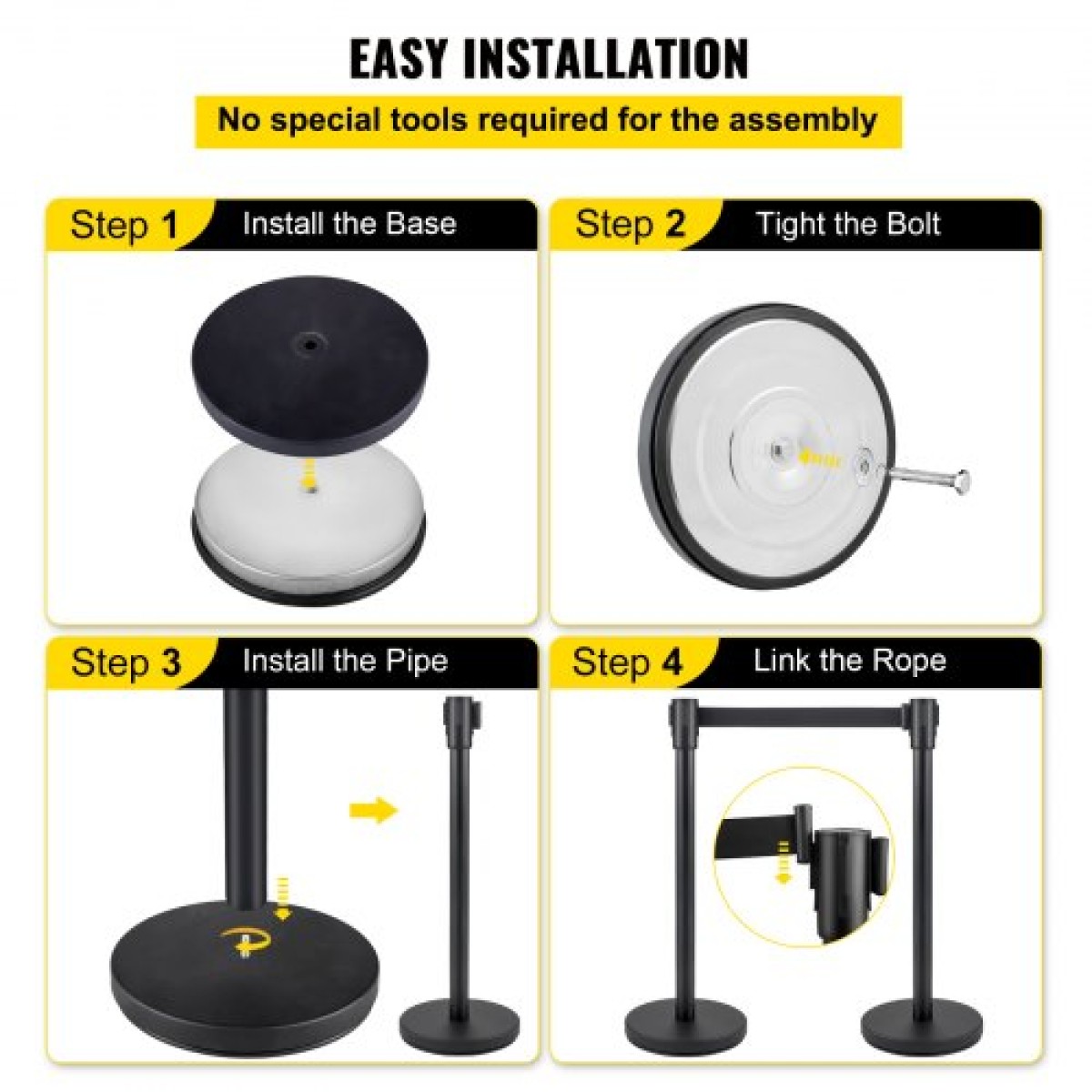 VEVOR Crowd Control Stanchion, Σετ 4 τεμαχίων Stanchion Set, Stanchion Set με 6,6 ft/2 m Μαύρη ανασυρόμενη ζώνη, Black Crowd Control Barrier με σκυρόδεμα και μεταλλική βάση - Συναρμολόγηση Easy Connect