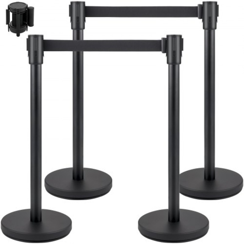 VEVOR Crowd Control Stanchion, Σετ 4 τεμαχίων Stanchion Set, Stanchion Set με 6,6 ft/2 m Μαύρη ανασυρόμενη ζώνη, Black Crowd Control Barrier με σκυρόδεμα και μεταλλική βάση - Συναρμολόγηση Easy Connect