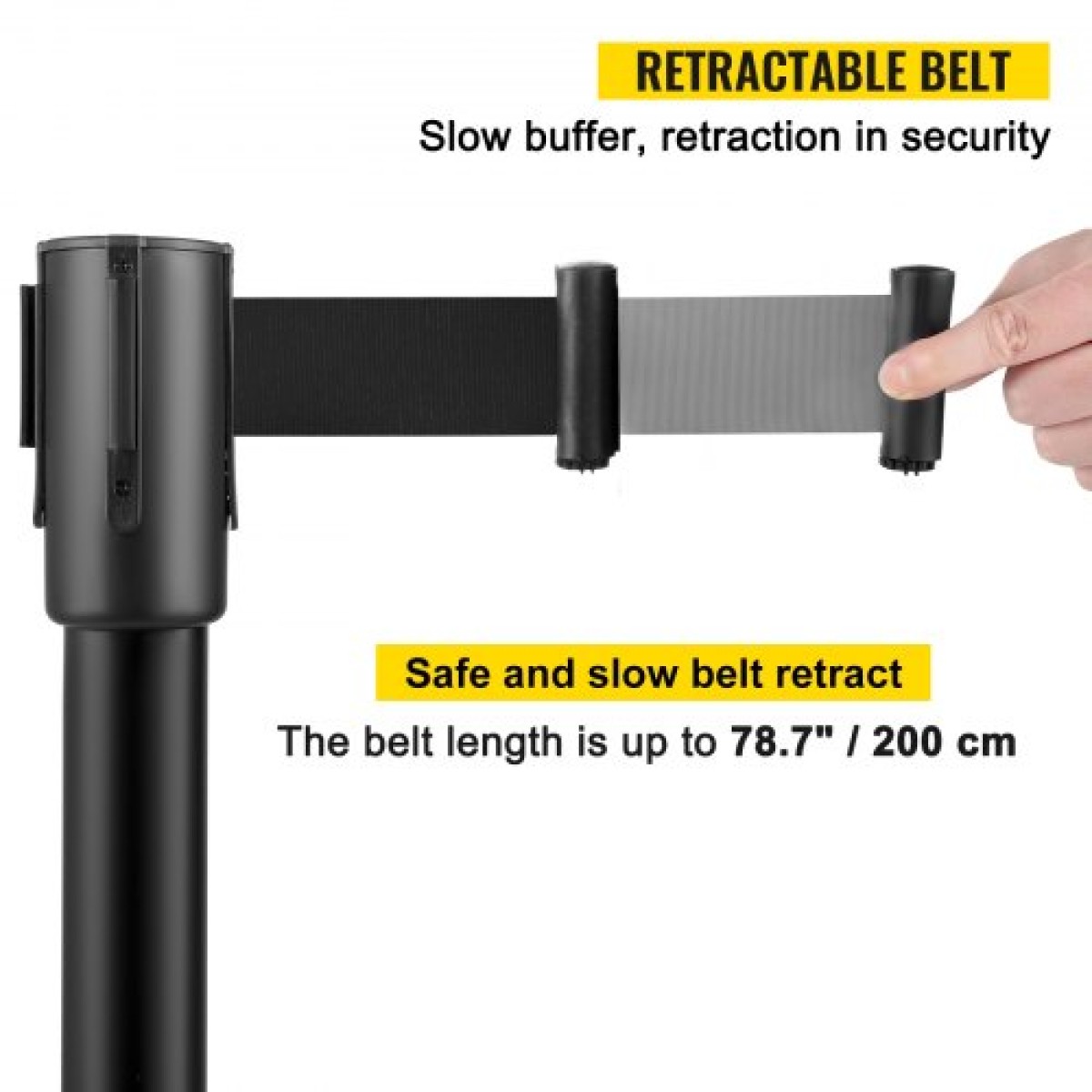 VEVOR Crowd Control Stanchion, Σετ 8 τεμαχίων Stanchion Set, Stanchion Set με 6,6 ft/2 m Μαύρη ανασυρόμενη ζώνη, Black Crowd Control Barrier με σκυρόδεμα και μεταλλική βάση – Συναρμολόγηση Easy Connect