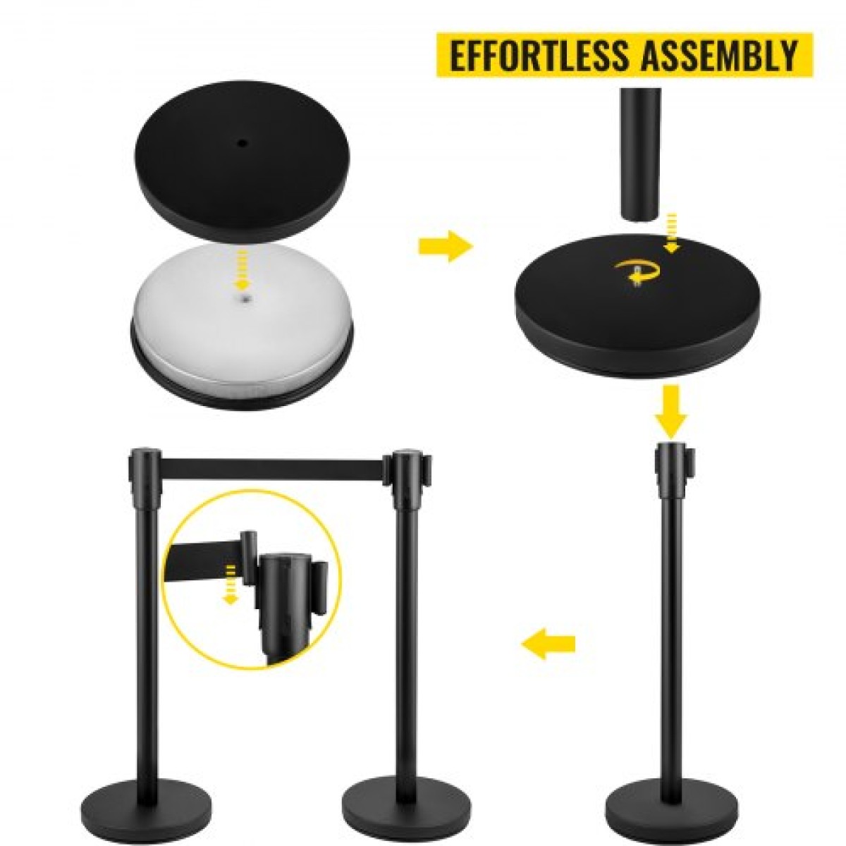 VEVOR Crowd Control Stanchion, Σετ 8 τεμαχίων Stanchion Set, Stanchion Set με 6,6 ft/2 m Μαύρη ανασυρόμενη ζώνη, Black Crowd Control Barrier με σκυρόδεμα και μεταλλική βάση – Συναρμολόγηση Easy Connect