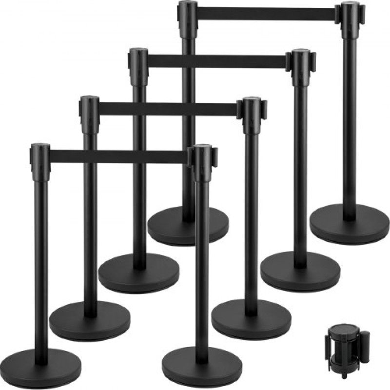 VEVOR Crowd Control Stanchion, Σετ 8 τεμαχίων Stanchion Set, Stanchion Set με 6,6 ft/2 m Μαύρη ανασυρόμενη ζώνη, Black Crowd Control Barrier με σκυρόδεμα και μεταλλική βάση – Συναρμολόγηση Easy Connect
