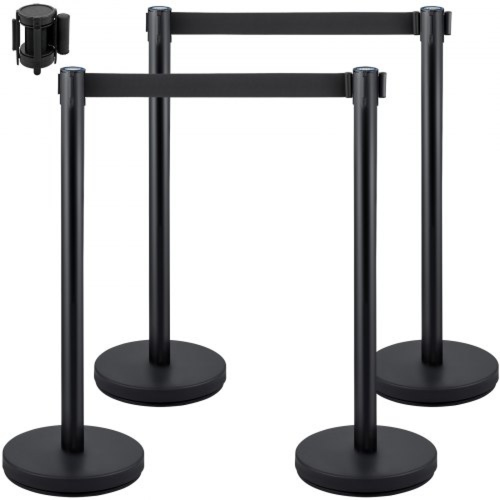 VEVOR Crowd Control Stanchion, Σετ 4 τεμαχίων Stanchion Set, Stanchion Set με 6,6 ft/2 m Μαύρη ανασυρόμενη ζώνη, Black Crowd Control Barrier με σκυρόδεμα και μεταλλική βάση – Συναρμολόγηση Easy Connect