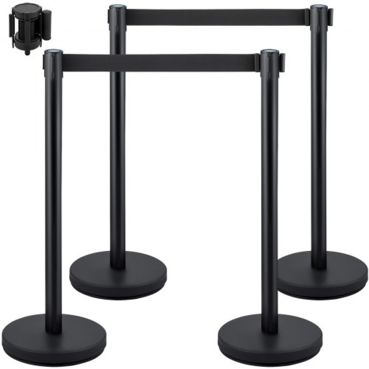 VEVOR Crowd Control Stanchion, Σετ 4 τεμαχίων Stanchion Set, Stanchion Set με 6,6 ft/2 m Μαύρη ανασυρόμενη ζώνη, Black Crowd Control Barrier με σκυρόδεμα και μεταλλική βάση – Συναρμολόγηση Easy Connect