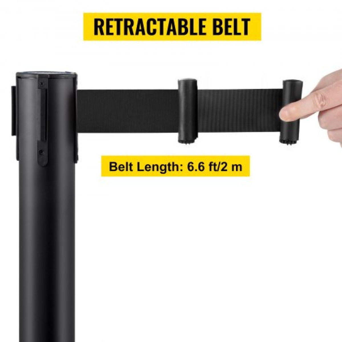 VEVOR Crowd Control Stanchion, Σετ 4 τεμαχίων Stanchion Set, Stanchion Set με 6,6 ft/2 m Μαύρη ανασυρόμενη ζώνη, Black Crowd Control Barrier με σκυρόδεμα και μεταλλική βάση – Συναρμολόγηση Easy Connect