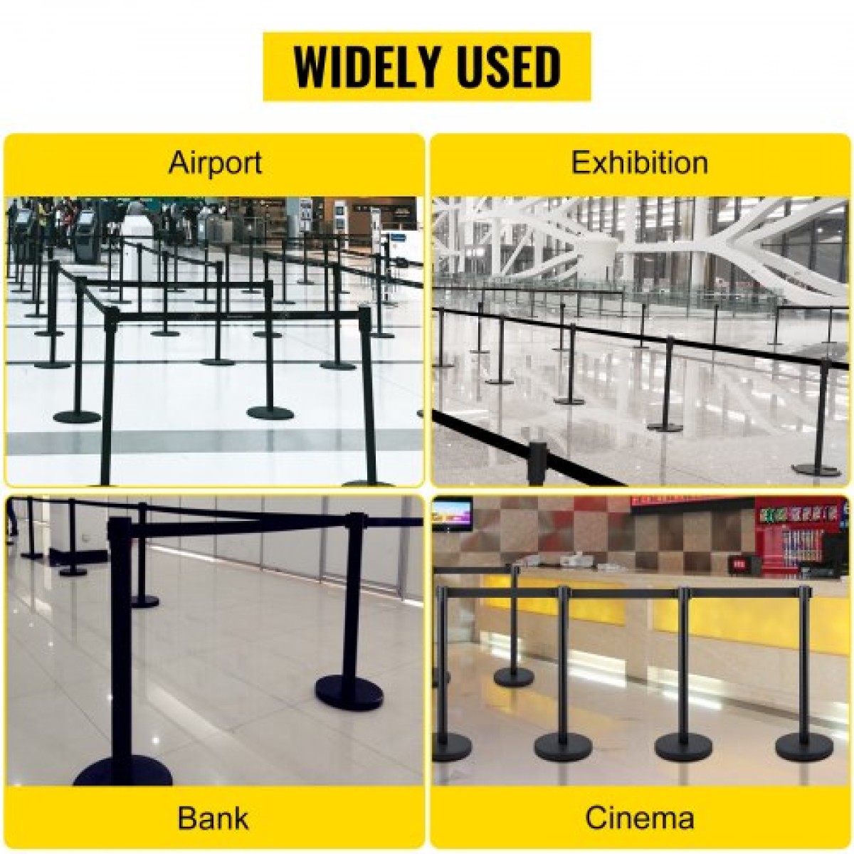 VEVOR Crowd Control Stanchion, Σετ 4 τεμαχίων Stanchion Set, Stanchion Set με 6,6 ft/2 m Μαύρη ανασυρόμενη ζώνη, Black Crowd Control Barrier με σκυρόδεμα και μεταλλική βάση – Συναρμολόγηση Easy Connect